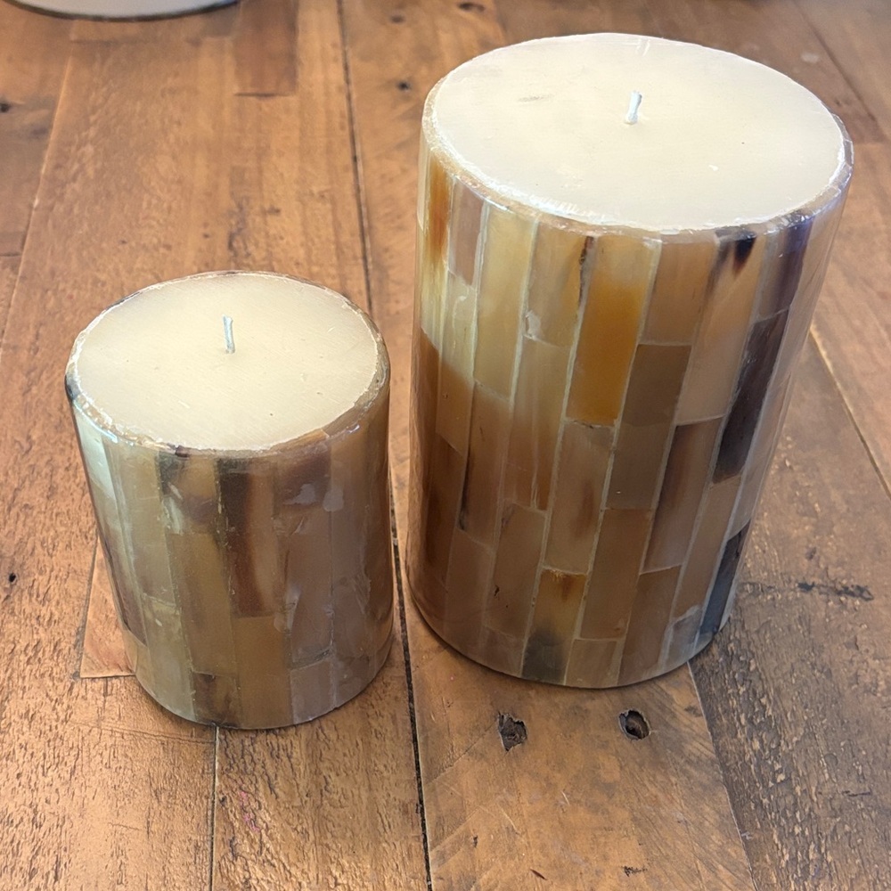Crate&barrel Neutral Mosaic Pillar Candle - Set of 2